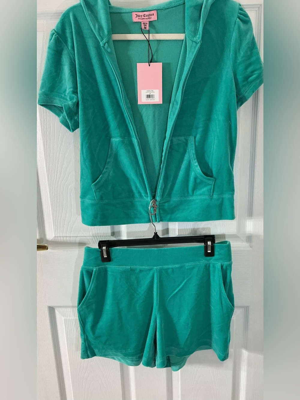 Juicy Couture Velour 2 Pc Set Coastal Teal Short Sleeve Hoodie Shorts M NWT